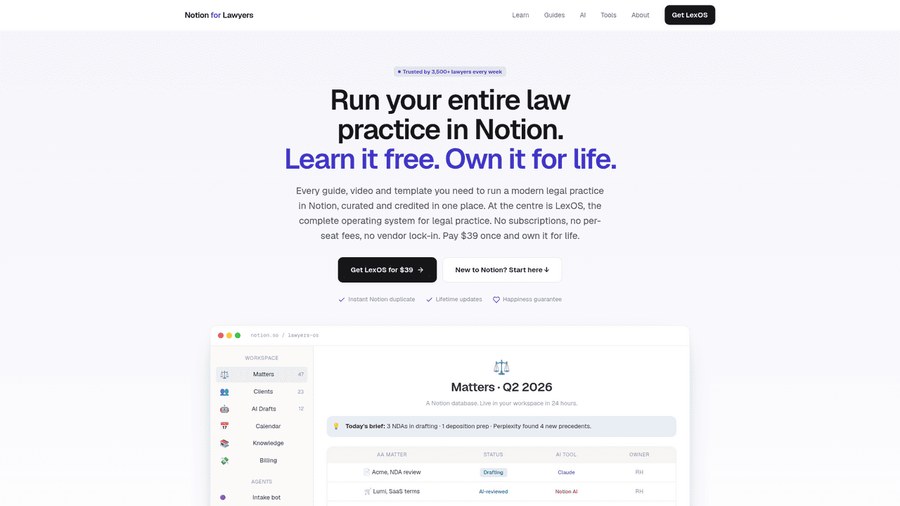 Notion for Lawyers landing page: Run your entire law practice in Notion.