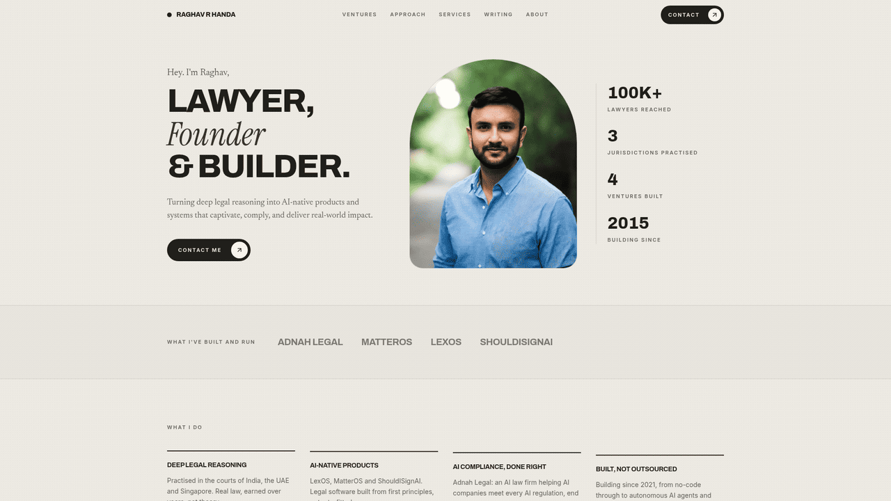Raghav R Handa founder site: lawyer, founder and builder editorial homepage.
