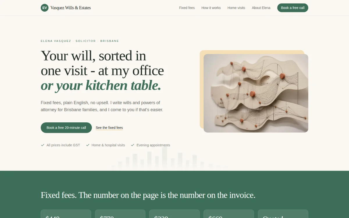 The Vasquez Wills & Estates demonstration website, above the fold