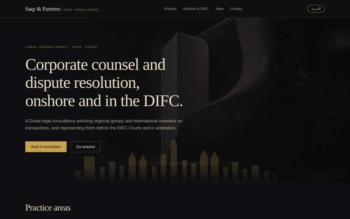 The Saqr & Partners Legal Consultants demonstration website, above the fold
