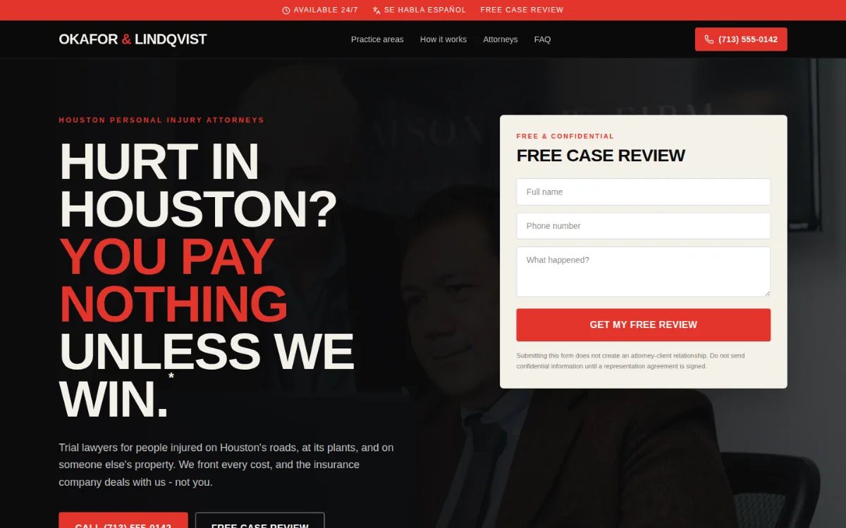 The Okafor & Lindqvist Injury Law demonstration website, above the fold
