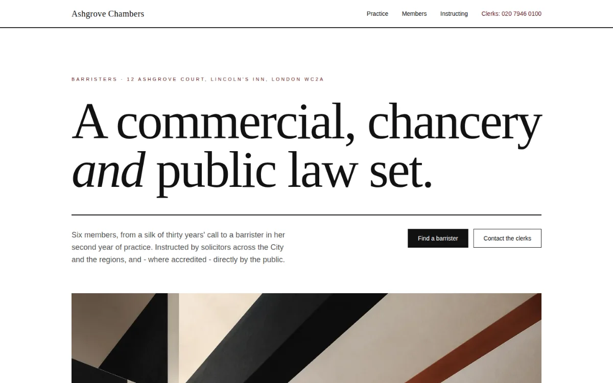 The Ashgrove Chambers demonstration website, above the fold