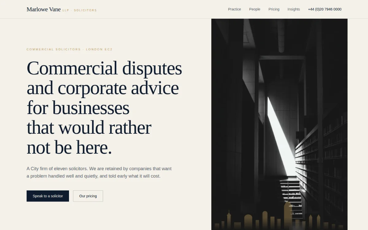 The Marlowe Vane LLP demonstration website, above the fold