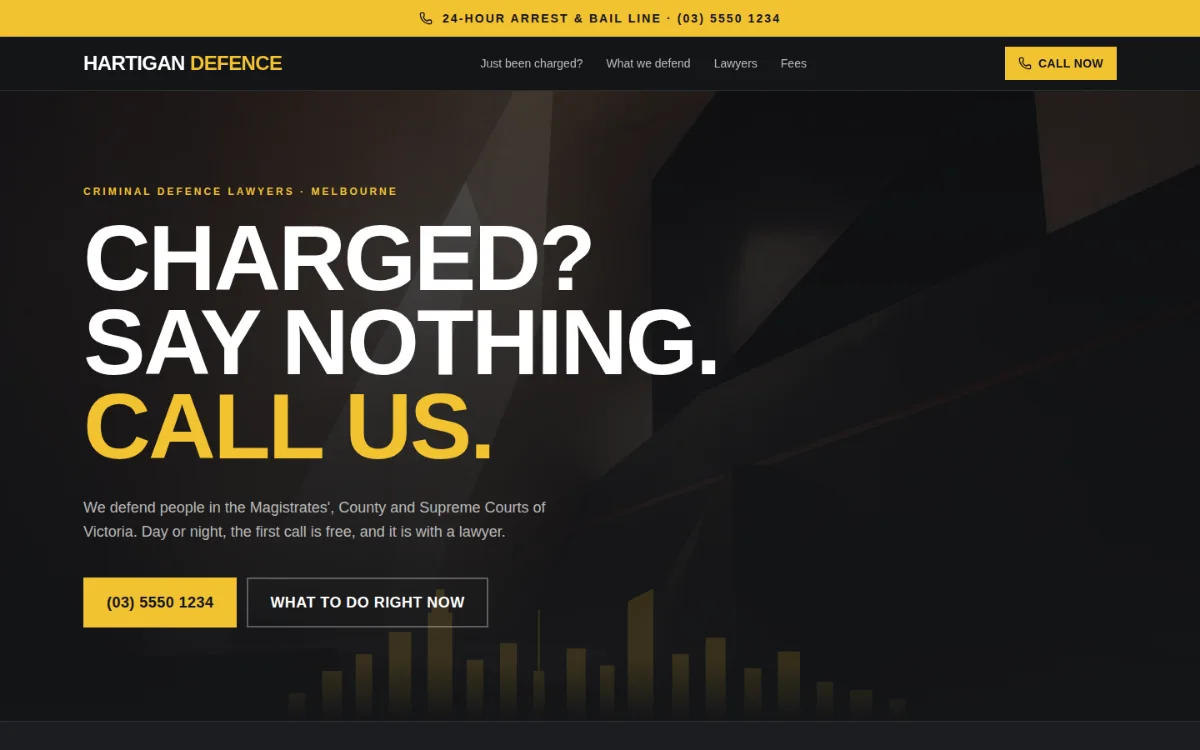 The Hartigan Defence Lawyers demonstration website, above the fold